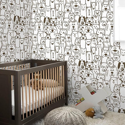Peel and Stick Wallpaper Modern Brown and White Wallpaper Dog Animal Contact Paper Textured Self Adhesive Removable Wall Paper for Nursery Kids Room Shelf Liner Vinyl Roll 78.7"x197"