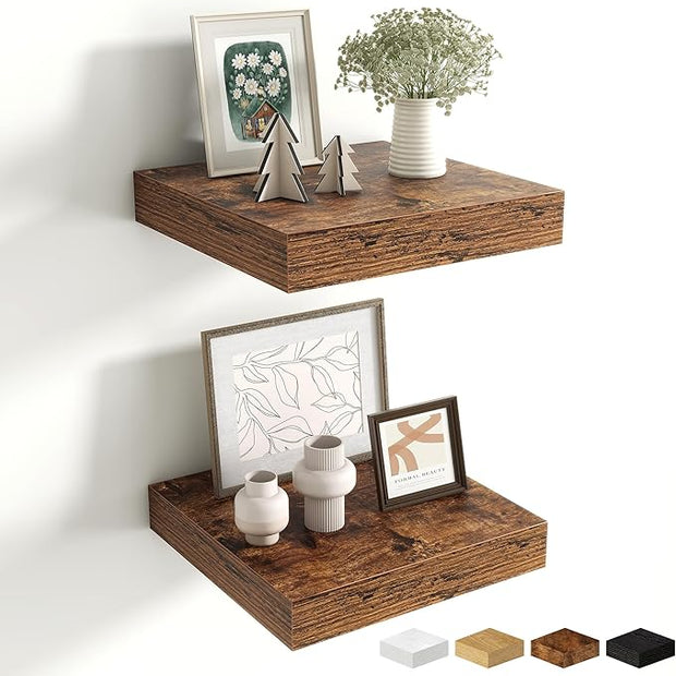 Fun Memories Floating Shelves for Wall - 10" x 10" Wood Shelf with Invisible Bracket - Deep Floating Shelves - 10 Inch Shelf Wall-Mounted for Living Room & Bathroom - Rustic Brown - Set of 2