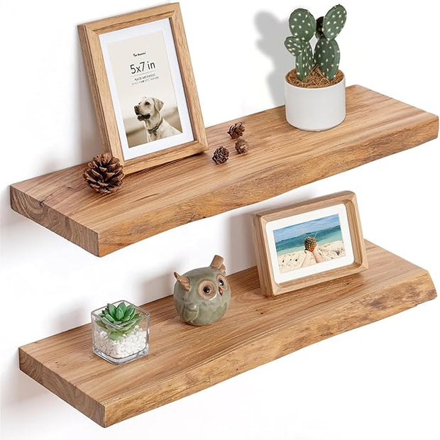 Fun Memories Floating Shelves for Wall, 24"x9.3" Solid Wood Floating Live Edge Shelf, Heavy-Duty Wall Shelf with Invisible Brackets, Set of 2 for Living Room, Bedroom, and Kitchen, Natural Finish
