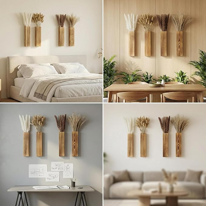Sawoake 4-Piece Wooden Hanging Wall Vase Set with Pampas Grass and Eucalyptus Dried Flowers, Modern Farmhouse Home Decor for Living Room Entryway Bathroom Hallway Dining Room（Brown）
