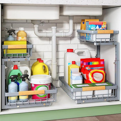 Kitstorack Under Sink Organizer, 2 Tier Under the Sink Storage, Slide out Pull out Cabinet Organizer Shelf, Metal Sliding Drawer for Kitchen Bathroom Pantry Closet Organization Rack, Grey, 2 Pack