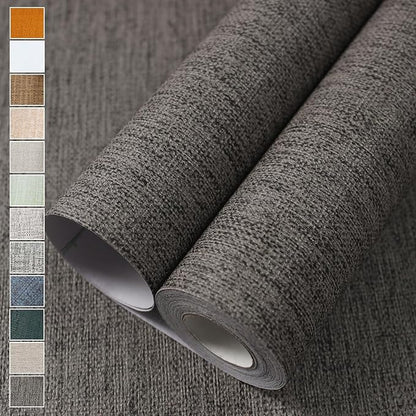 WADILE Grasscloth Peel and Stick Wallpaper 23.6in x 118in, Textured Contact Paper for Cabinets, Faux Linen Wall Paper Pull and Stick, Fabric Vinyl Wallpaper Self Adhesive Brown Gray