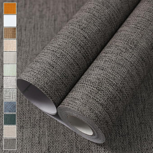 WADILE Grasscloth Peel and Stick Wallpaper 23.6in x 118in, Textured Contact Paper for Cabinets, Faux Linen Wall Paper Pull and Stick, Fabric Vinyl Wallpaper Self Adhesive Brown Gray