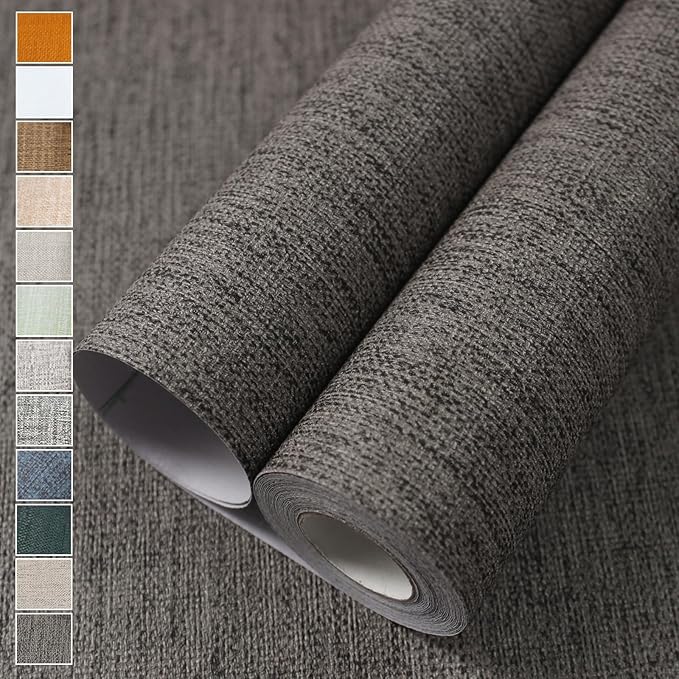 WADILE Grasscloth Peel and Stick Wallpaper 15.7in x 196.8in, Textured Contact Paper for Cabinets, Faux Linen Wall Paper Pull and Stick, Fabric Vinyl Wallpaper Self Adhesive Brown Gray