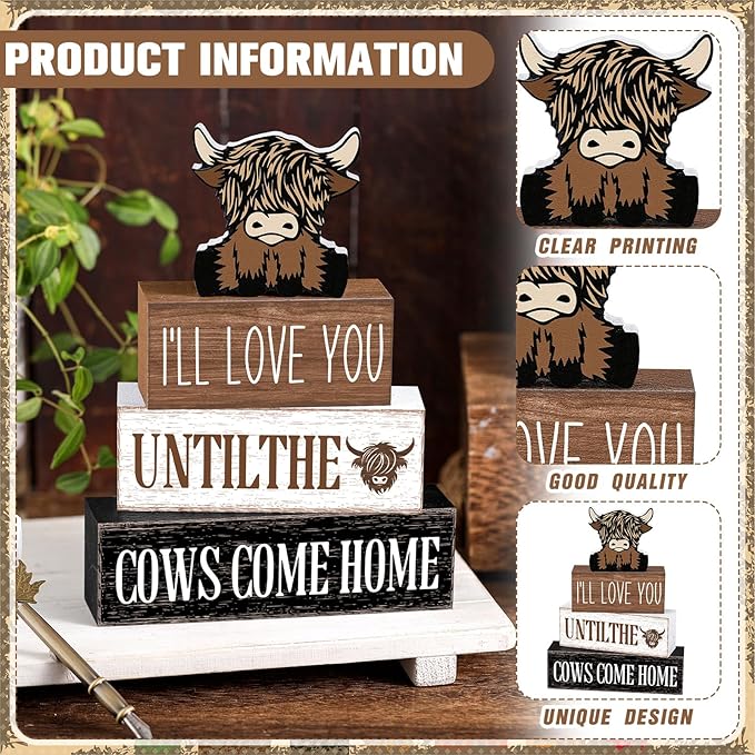 Marsui 4 Pcs Highland Cow Table Decorations Cow Wooden Signs Rustic Cow Tiered Tray Decor Western Tabletop Centerpieces Farmhouse Distressed Highland Cow Decor for Home Desk Room Kitchen Shelf Decor