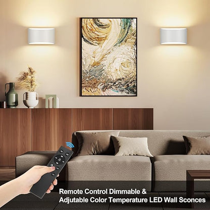 TRLIFE Modern LED Wall Sconces, Remote Control Dimmable and Adjustable Color Temperature 3000K~6000K Aluminum 12W Hardwired 120V AC Dimmable Wall Mounted Light for Bedroom Living Room(White, 2 Pack)