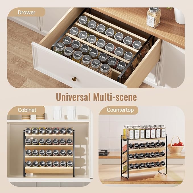 MUDEELA 4 Tier Spice Rack Organizer for Cabinet, Wooden Vertical Spice Shelf, Seasoning Organizer for Countertop, Kitchen, Pantry, Freestanding, 13.4
