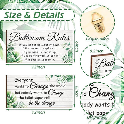 Jetec 2 Pieces Funny Bathroom Signs Bathroom Wall Decor Toilet Wall Accessories Farmhouse Toilet Rustic Wooden Signs, 12x6 Inch(Leaves Style)