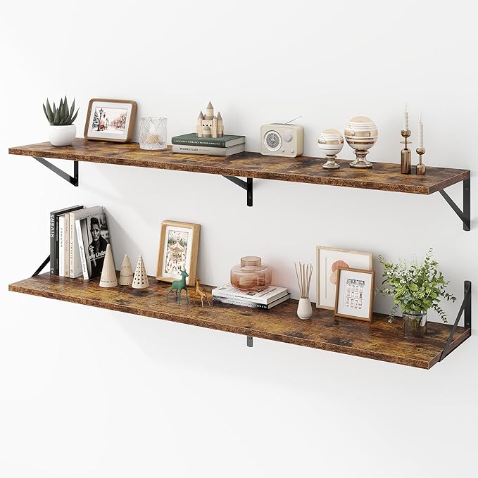 Deep Floating Shelves Wall Mounted, 55"x12" Brown Wood Shelves with Brackets Set of 2 for Bedroom, Living Room, Bathroom, Kitchen, Office - Storage & Display Shelf for Decor, Books, Plants