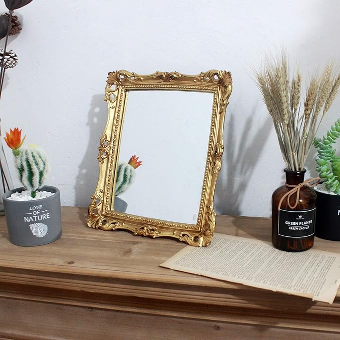 Funerom Vintage 11 x 9.5 inch Decorative Mirror, Wall Mounted & Tabletop Makeup Mirror ，Square Antique Gold