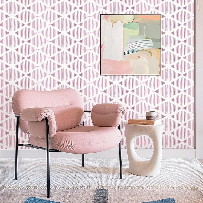 Modern White and Pink Peel and Stick Wallpaper Stripe Diamond Wallpaper Vinyl Waterproof Contact Paper Shelf Paper Drawer Liner Roll for Bedroom Living Room 17.7