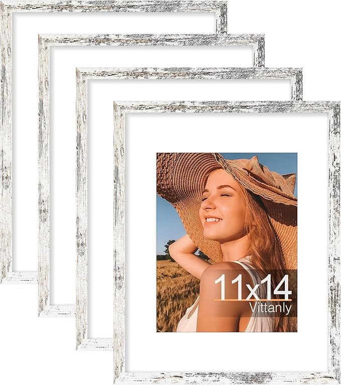 Vittanly 11x14 Picture Frame Set of 4, Display Pictures 8x10 with Mat or 11x14 without Mat, Engineered Wood with HD Plexiglass, Gallery Photo Frames for Wall or Tabletop Display, Distressed White