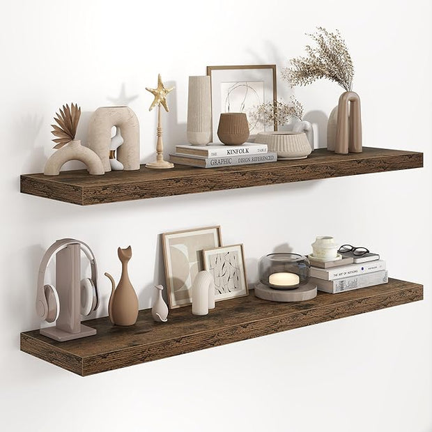 Fun Memories 48 Inch Floating Shelves, 9.3 Inch Deep Wall Shelves for Bathroom, Living Room, Bedroom, Kitchen, Deep Long Shelf Wall Mounted 2 Pack Shelf for Books, Decor, Rustic Brown