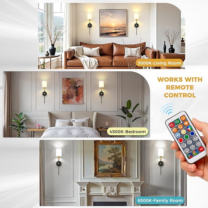 DORESshop Battery Operated Wall Sconce Set of 2, Wireless Wall Light Easy to Install, 7 Color Rechargeable Wall Sconces, Sconce Wall Decor Set of 2 for Bedroom, Living Room, Gold and Black, 24.3in