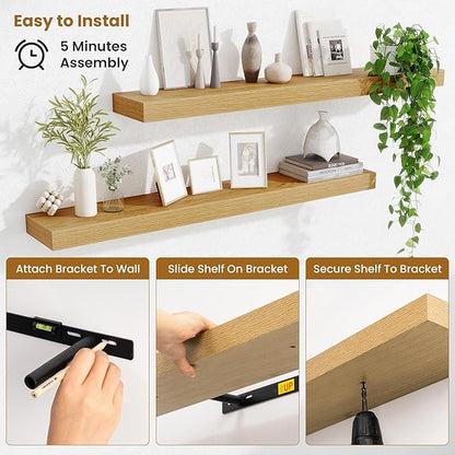 Fun Memories 40 Inch Floating Shelves, Long Wood Wall Shelf Set of 2 with Invisible Brackets, for Bathroom, Living Room, Bedroom, Kitchen, Oak