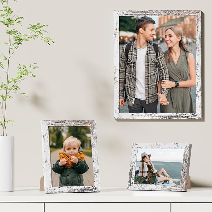 Vittanly 8x12 Picture Frames Set of 9, Shatter Resistant Plexiglass, Display 6x8 Pictures with Mat or 8x12 without Mat, Photo Frames for Wall or Tabletop, Engineered Wood, Distressed White