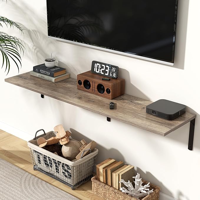 Fun Memories Floating Shelves for Wall, 12 Inch Deep Floating Shelves Set of 2, Wall Mounted Shelf with Metal Brackets, Rustic Wood Wide Shelf for Bathroom, Kitchen and Living Room, Grey, 55W x 12D