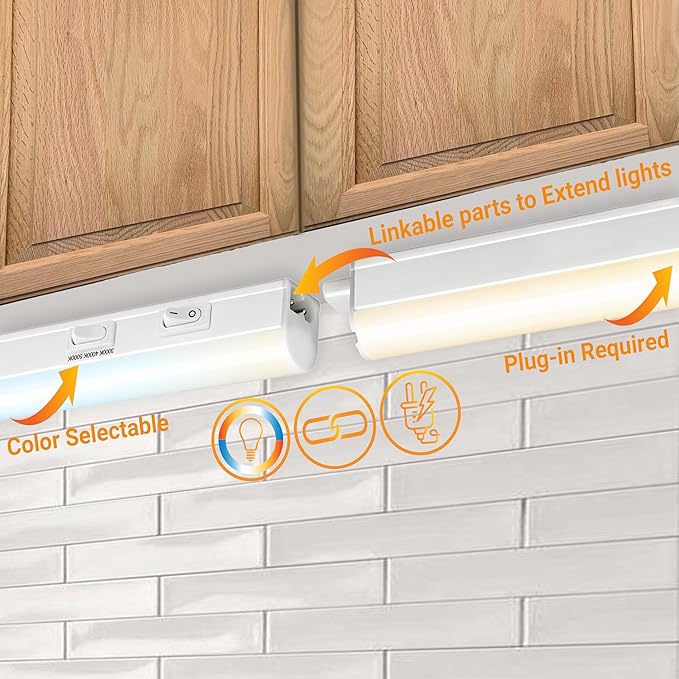 Sunlite LED Under Cabinet Lighting Plug in 34 Inch Linkable Under Counter Lights for Kitchen 12 Watts, 120 Volts, 1200 Lumens, Adjustable 3 CCT 3000K-5000K, 50,000 Hour Lifespan, ETL Listed LED Light