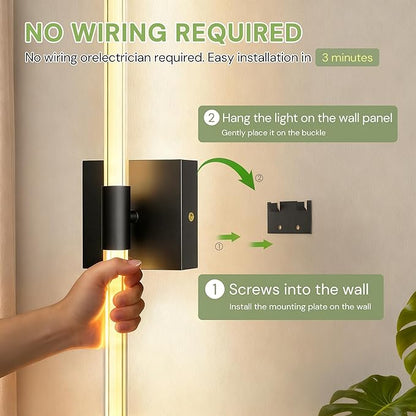 L LOHAS LED Battery Operated Wall Sconces Set of 2, 10000mAh Black Battery Wall Sconce 360 Full Lighting, 3000K Dimmable Wireless Wall Light, Sconce Wall Decor for Bathroom, Bedroom, Living Room, 24in