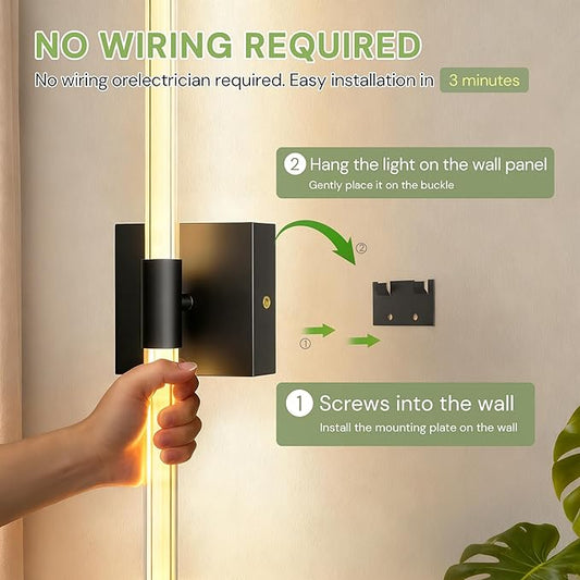 L LOHAS LED Battery Operated Wall Sconces Set of 2, 10000mAh Black Battery Wall Sconce 360 Full Lighting, 3000K Dimmable Wireless Wall Light, Sconce Wall Decor for Bathroom, Bedroom, Living Room, 24in