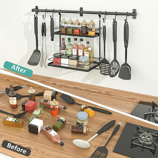 NADAMOO Kitchen Utensil Hanger and Spice Rack with Towel Rack Holder，Wall Mount Space Saving Metal Storage Organizer for Pantry, Countertop, Bathroom