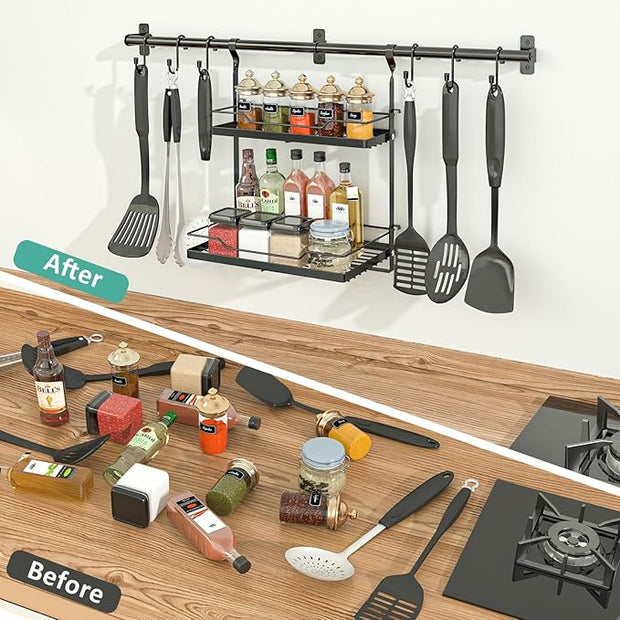 NADAMOO Kitchen Utensil Hanger and Spice Rack with Towel Rack Holder，Wall Mount Space Saving Metal Storage Organizer for Pantry, Countertop, Bathroom