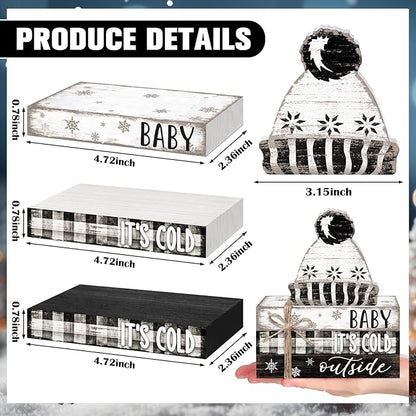 Geelin 4 Pcs Winter Tiered Tray Decorations Wooden Book Stack Signs, Rustic Farmhouse "baby It's Cold Outside" Holiday Winter Decor for Table Shelf Mantel Entryway Home Decorations