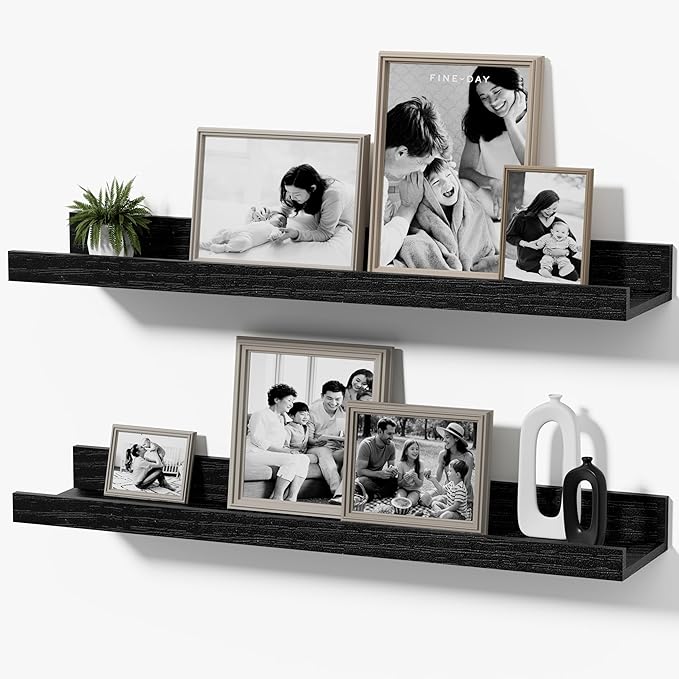24inch Floating Picture Ledge Shelves 2-Pack, Black Wall Mounted Shelves with Lip for Nursery, Kids Room, Living Room & Bedroom, Sturdy Floating Book Shelves for Photo Frames & Decor
