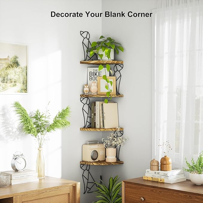 Alsonerbay Corner Shelf Wall Mount, 4 Tier Floating Shelves for Wall Storage, Rustic Wood Shelves for Bedroom, Living Room, Bathroom, Entryway, Garage (Dog Shaped)