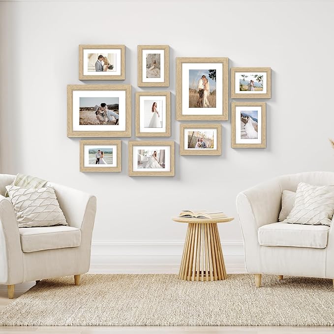 Picture Frames, Made of Real Glass and Wooden Frame, Gallery Photo Frames Set of 10 for Collage Wall Decor, Multi Sizes Including 8x10, 5x7, 4x6 for Mounting or Tabletop Display, Wood