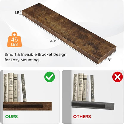 Floating Shelves for Wall, 40"W x 8"D x 1.5"H, Wooden Wall Mounted Display Shelves with Invisible Brackets for Living Room, Bedroom, Bathroom, Kitchen Decor and Storage, Set of 2, Rustic Brown