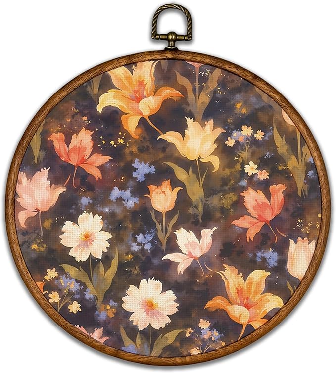KSDUT Aesthetic Flower Orange Wall Art Decor - Botanical Neutral Mid Century Modern Wall Art Canvas Frame Hanging Prints, Vintage Landscape Round Wall Art Decor for Home Decorations 10"x10"