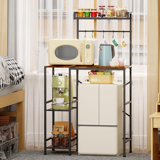 Mini Fridge Stand with Storage Shelves, Kitchen Bakers Rack, Coffee Bar, Microwave Oven Stand, Wine Cabinet, Refrigerator Stand with 5 Lockable S Hooks for Dorm, Apartment, Living Room, Office