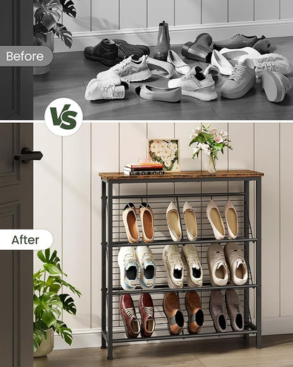 Shoe Rack, 4-Tier Narrow Shoe Storage Shelf, Slim Shoe Rack with Wooden Top and Metal Shelves, Slanted Shoe Organizer, Industrial Style, for Entryway, Hallway, Rustic Brown and Black TXJ76BF