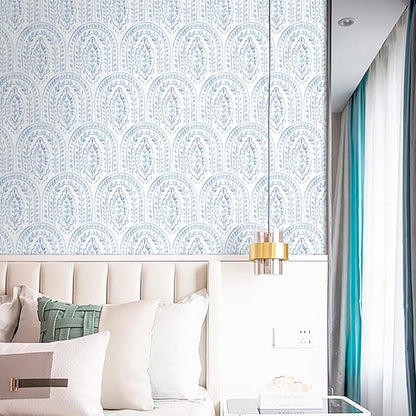 EeeComing Blue Peel and Stick Wallpaper Boho Wall Paper Peel and Stick Modern Contact Paper Self Adhesive Wallpaper for Bedroom and Bathroom Removable Cabinet Shelf Liner Vinyl 17.3”X393”