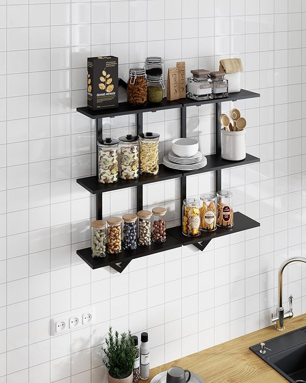 3 Tier Floating Shelves, Set of 2 Wall Shelves for Living Room, Modern Geometric Wooden Shelf for Wall Decor, Hanging Storage Shelf for Bedroom Bathroom Kitchen Home Office (Black)