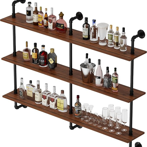 3-Tier Industrial Pipe Floating Shelf – Rustic 48 inch Wood Wall-Mounted Storage Shelf for Kitchen Office,Bathroom & Home Decor -Walnut