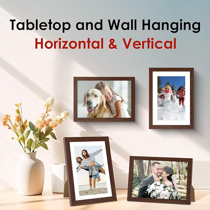 FIXSMITH 5x7 Picture Frame Bulk-4 Pack, Photo Frame with HD Plexiglass, Display Pictures 4x6 with Mat or 5x7 Without Mat, Brown Picture Frames Collage Wall Decor, Wall & Tabletop Picture Frames