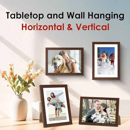 FIXSMITH 5x7 Picture Frame Bulk-4 Pack, Photo Frame with HD Plexiglass, Display Pictures 4x6 with Mat or 5x7 Without Mat, Brown Picture Frames Collage Wall Decor, Wall & Tabletop Picture Frames
