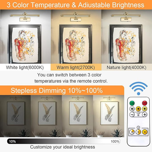 Wireless Picture Lights for Wall Rechargeable, Battery Operated Art Light for Paintings, 3CCT Dimmable, 15.7" Brass Finish with Remote, Rotatable Gallery Light for Pictures Display