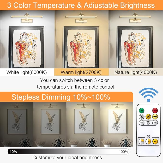 Wireless Picture Lights for Wall Rechargeable, Battery Operated Art Light for Paintings, 3CCT Dimmable, 15.7