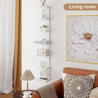 Fun Memories 7 Tier Wall Shelf Unit, White Floating Shelves for Storage - Vertical Column Tower Design, Lack Wall Shelf Space Saving Organizer for Bedroom, Living Room, Home Decor