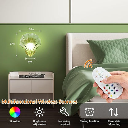 Vintage Battery Operated Wall Sconces with Remote, Green Rechargeable Wireless Wall Sconces with Magnetic LED Bulbs, Indoor Shell Shaped Wall Lights for Living Room, Bedroom, Doorway, Set of 2