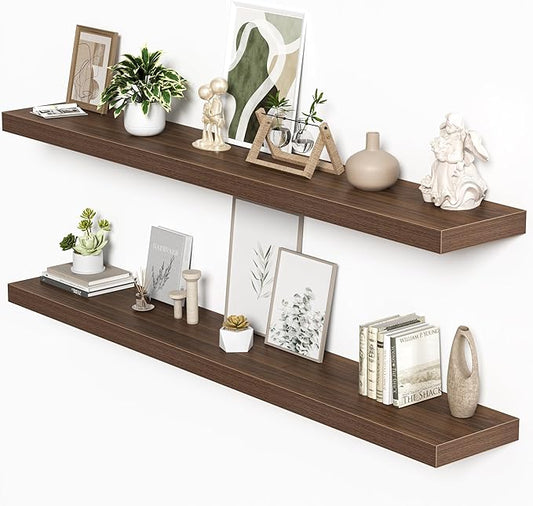 Floating Shelves for Wall, 72"W x 9.3"D x 1.5"H, Long Wooden Wall Mounted Display Shelves with Invisible Brackets for Living Room, Bedroom, Bathroom, Kitchen Decor and Storage, Set of 2, Walnut
