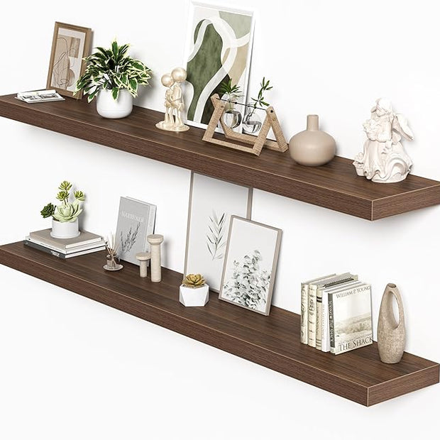 Floating Shelves for Wall, 72"W x 9.3"D x 1.5"H, Long Wooden Wall Mounted Display Shelves with Invisible Brackets for Living Room, Bedroom, Bathroom, Kitchen Decor and Storage, Set of 2, Walnut