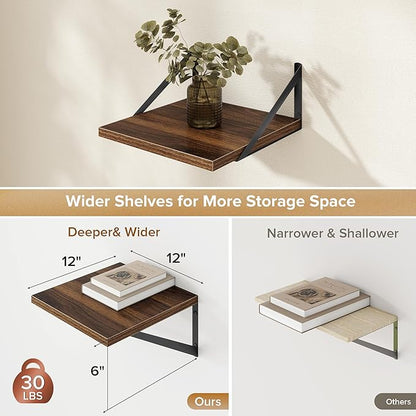 Deep Floating Shelves Wall Mounted, 12"x12" Walnut Wall Shelves with Brackets Set of 2 for Bedroom, Living Room, Bathroom, Kitchen, Office - Storage & Display Shelf for Decor, Books, Plants