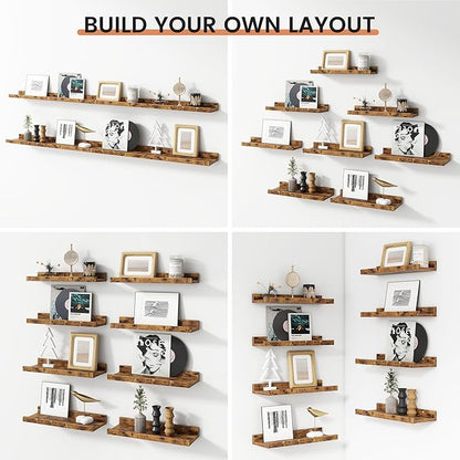 Picture Ledge Shelf, Small Floating Shelves Set of 8, 16 Inches Nursery Book Shelves for Toys Storage, Kids Bookshelf Wall Mounted for Living Room Bedroom Decor Books Photo Frames, Rustic Brown