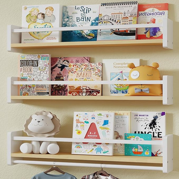 Nursery Floating Bookshelf for Kids, Wall Mounted Kids Book Shelf with Toy Storage, Pine Wood Nursery Shelves for Playroom, Bedroom, Toddler Room, Set of 3 (Pine & White, 23.6 Inches)