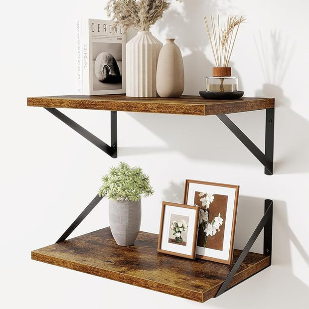 Floating Shelves for Wall,18" Wall Mounted Shelves Set of 2,Wood Floating Shelf with Bracket,Sturdy Metal Bracket Bookshelves Home Decor Storage for Living Room,Bedroom,Bathroom,Kitchen,Rustic Brown