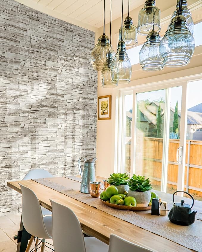 Jeweluck Stone Wallpaper Peel and Stick Brick Wallpaper 17.7”×196.8” Brick Contact Paper Peel and Stick Wall Paper Bathroom Faux Stone Backsplash for Kitchen Removable Decorative for Walls Vinyl
